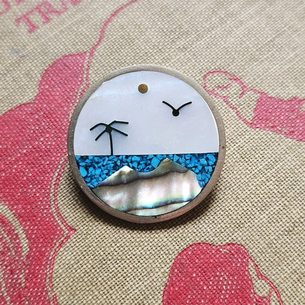 Vtg Alpaca Mexico Inlay Brooch Turquoise Abalone Palm Bird Coastal Beach Pin